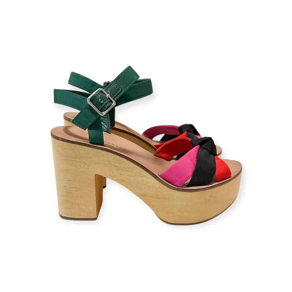 Loeffler Randall Elsa Platform Sandals Wood Clog Multi Silk Knot Heel Size 6 - Picture 8 of 16
